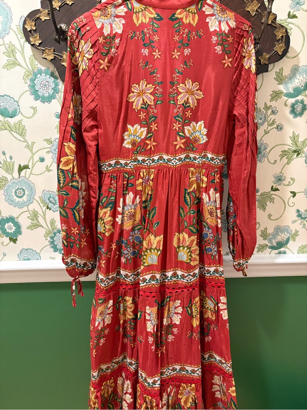 FARM Rio Red Garden Delight Long Sleeve Midi Dress | Boho Floral | Medium - Picture 4 of 6
